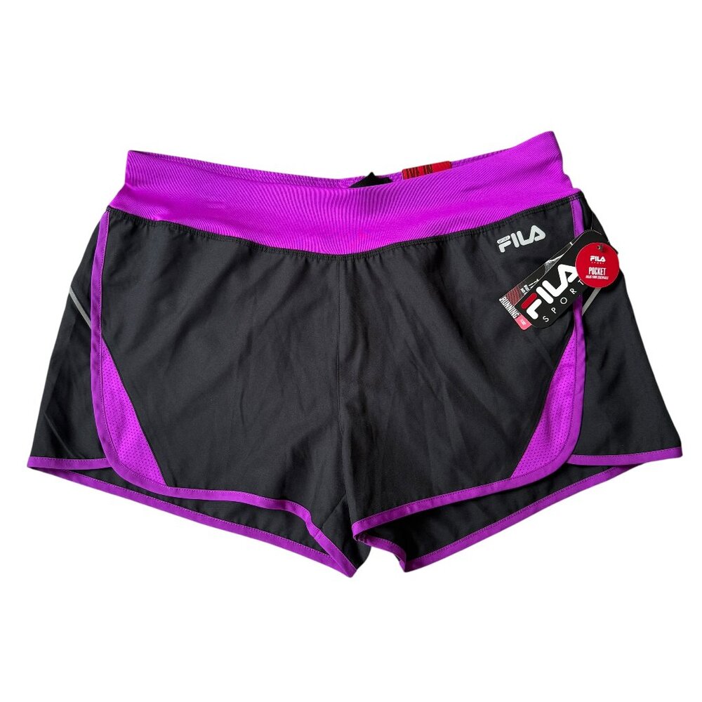 Fila Sport black and purple mid rise relaxed reflective activewear shorts size L